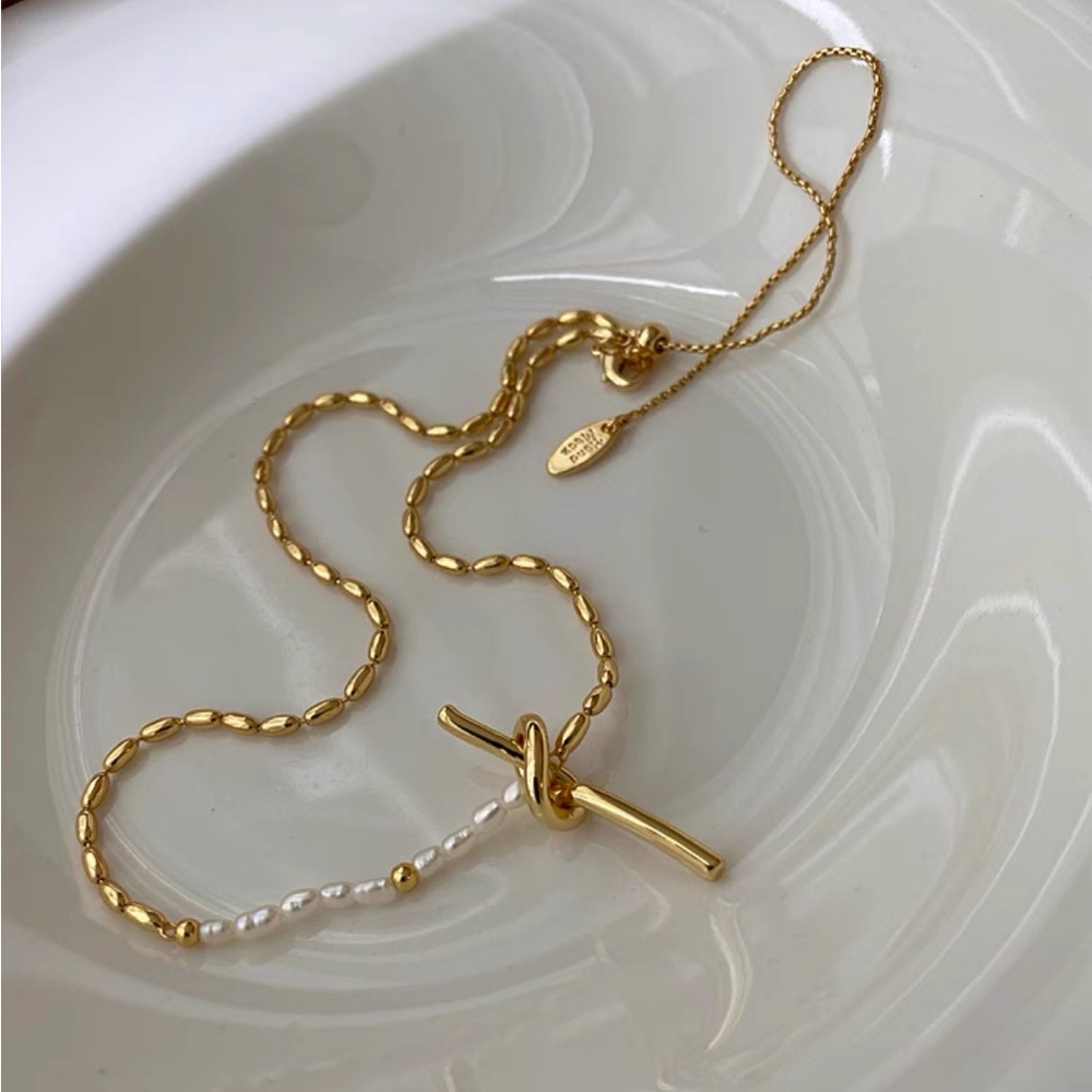 Gold Pearl Knots Chain Necklace, 18k Gold and 925 Sterling Silver - Picture 5 of 9